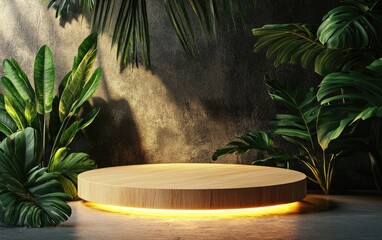Aufkleber - realistic 3d rendered background for product display close up of a round empty oak table illuminated