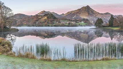 Sticker -   A picturesque view of a serene lake surrounded by verdant fields and majestic mountains in the background, with tall trees framing the foreground