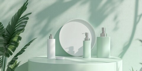 Aufkleber - Green mockup for displaying product samples on a pastel light green background 3D rendering