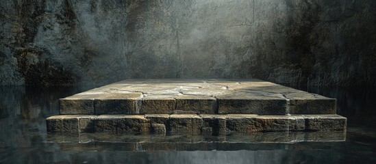 Poster - Rough stone platform with water reflection 3D rendering Digital artwork