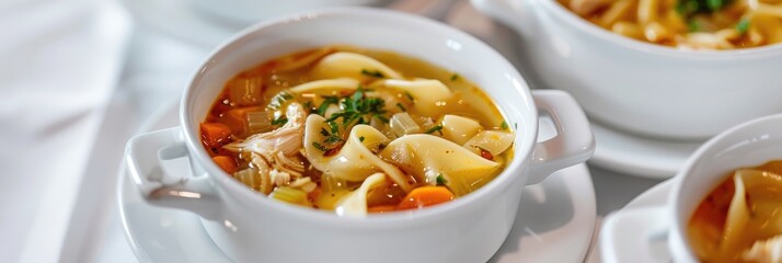 Wall Mural - Chicken noodle soup featuring kluski noodles presented in white ceramic bowls.