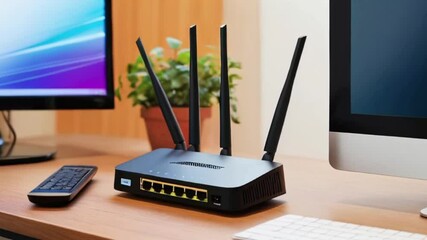 Wi-Fi internet network connection modem router on the table near the computer monitor. black router or modem device created with generative ai	