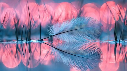 Poster -   A blue feather drifts atop a serene lake against a pastel backdrop, its reflection mirrored below in the tranquil waters