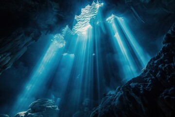 Wall Mural - A bright blue cave with sunlight shining through the cracks, generative ai image