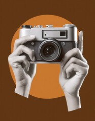 Poster. Contemporary art collage. Hand holds retro photo camera in monochrome filter against brown background. Concept of art, vintage things, mix old and modernity. Copy space for ad