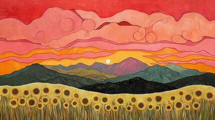 Poster -   A stunning depiction of golden sunflower fields bathed in the warm hues of sunset, set against the majestic backdrop of towering mountains