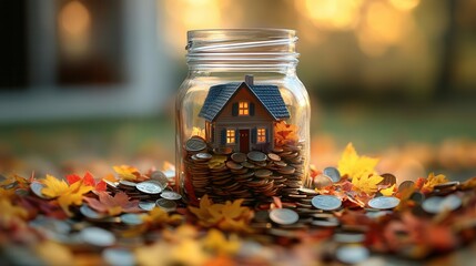 miniature house inside clear jar coins scattered around base warm lighting blurred background concept of saving for home ownership