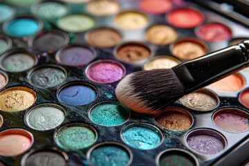 A makeup palette with a brush next to it, generative ai image