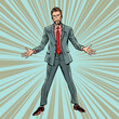 © studiostoks - Pop Art Retro A man in a suit stands with his arms outstretched. A great deal from a reputable source. Shop for men's serious and elegant suits.