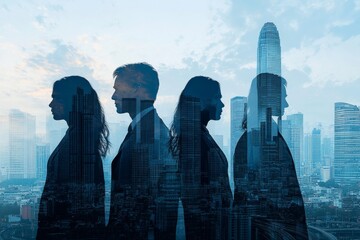 People standing in city skyline double exposure created with Generative AI