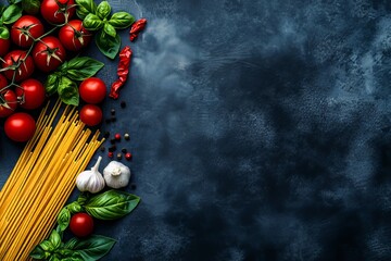 Various cooking ingredients with spaghetti and spoon. Top view with copy space for tasty Italian dishes.