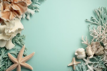 On a color background, starfish are surrounded by sea shells and corals