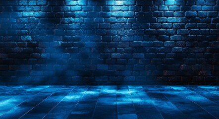 Wall Mural - An empty foggy street illuminated by laser beams, smoke, and a searchlight, on a blue dark background