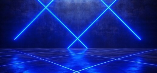 Poster - Laser lights along a garage hallway gate in a futuristic garage, lit with blue laser lights in concrete. Virtual Reality 3D render of a garage hallway gate decorated with blue laser lights.