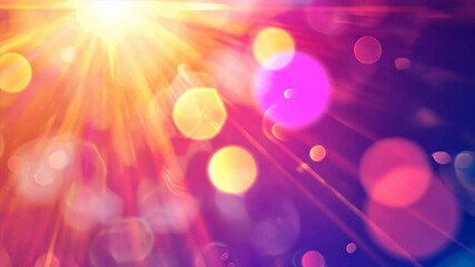 Fototapete - A bright yellow sun is shining through a blue sky. The sky is filled with colorful blurs and circles, creating a sense of movement and energy. The image conveys a feeling of joy and excitement