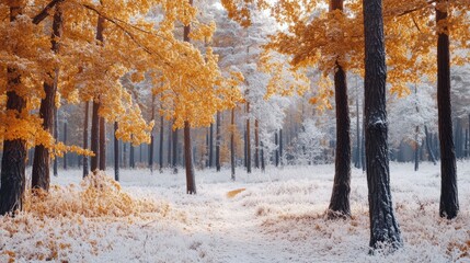 Wall Mural - Frost-covered autumn forest with golden leaves