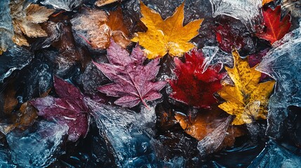 Wall Mural - Colorful fall leaves encased in ice