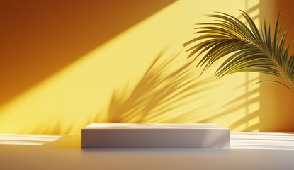 Poster - The colorful background scene shows an abstract sunny beach scene of a yellow light yellow summer backdrop studio, with a tropical shade gradient product platform background or a minimal sunny