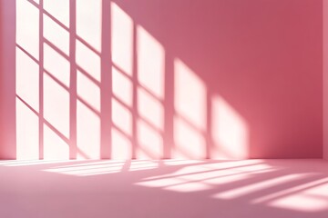 Poster - Background for a product presentation in pink and purple shades. Empty room with shadows of windows and flowers and palm leaves. 3D room with copy space for a summer concert. Blurred background.