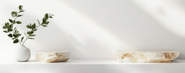 Poster - 3D rendering of a stone product display podium with nature leaves on a brown background.