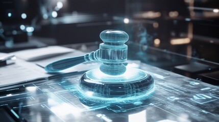 Aufkleber - A futuristic gavel sits on a glowing digital platform. This image blends law and technology in a modern courtroom setting. Perfect for articles about legal innovations and AI. AI