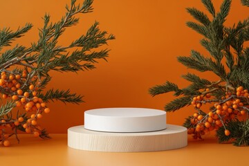 Poster - A wood podium is decorated with a saw cut of a tree on an orange background with autumn rowsan berries. Concept scene for stage showcase, product, promotion, sale, presentation. A vacant wood stand