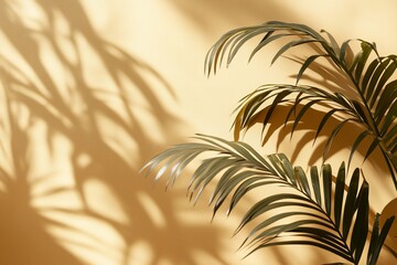 Poster - The background is blurred. Abstract beige studio background for product presentation. The room is empty but there are shadows of windows and flowers and leaves. The room has 3D copy space. It is