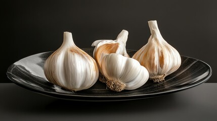 Wall Mural - brown and white garlic on black ceramic plate