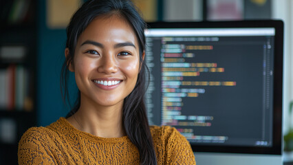 Pacific Islander Woman Software Developer - programmer, woman, computer, coding, software, technology, developer, smiling, office, monitor, screen, work, professional, business