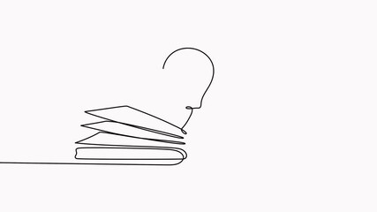 Poster - Light bulb above book continuous one line art drawing animation. Line drawing open book with lamp idea symbol animated video.