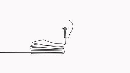 Poster - Light bulb above book continuous one line art drawing animated video. Line drawing open book with lamp idea symbol animation. School education concept motion graphic.