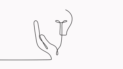 Wall Mural - Lightbulb on hands one continuous line drawing animated video. Electric lamp animation. Brainstorm linear symbol.