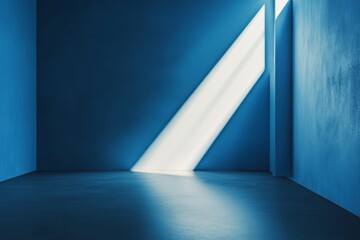 Poster - A blue backdrop with a spotlight in a studio ideal for presenting or designing. A blank cement backdrop. A realistic 3D render.
