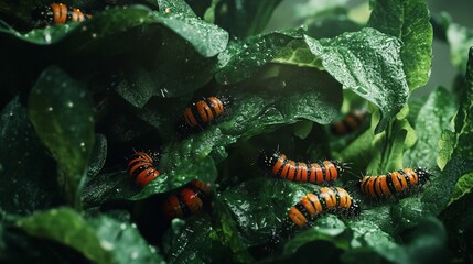 Wall Mural - Leafy garden alive with caterpillars munching on green leaves and plants