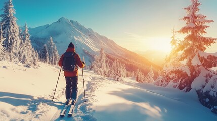 Canvas Print - Skier enjoying a quiet morning trek in a snow-covered mountain landscape at sunrise with vibrant colors illuminating the scene