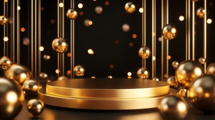 A gold stage opening with spotlights and luxury gold light streaks. Particle luxury background.