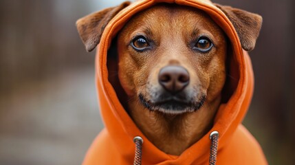 brown short coated dog in orange hoodie