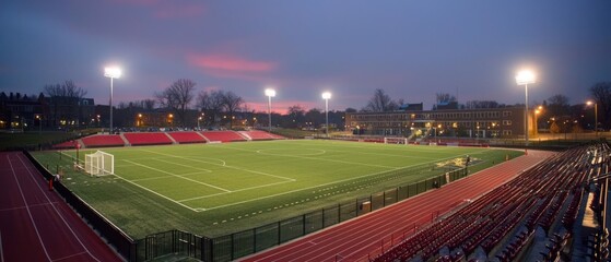 Illuminated Soccer Field with Running Track and Empty Bleachers at Twilight