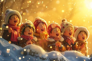 Wall Mural - This heartwarming scene features a cheerful children’s choir in cozy winter clothing, performing Christmas songs outdoors in a picturesque snowy landscape, surrounded by twinkling lights 