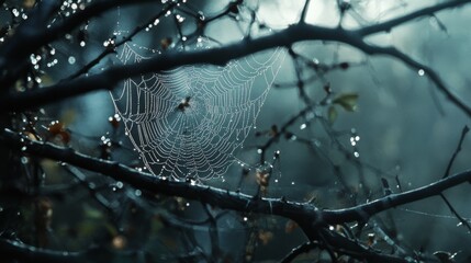 Dew-covered spider web glistening in morning light, nestled among branches
