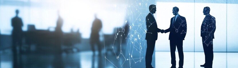 Business network concept with business people silhouettes and interconnected human icons on a blurred background, with a double exposure effect Generative AI