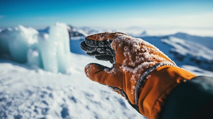 Poster - A gloved hand reaches out toward glistening ice formations on a snowy mountain during bright daylight