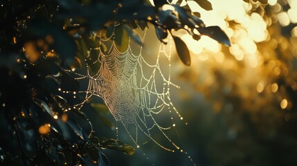 Dew-covered spider web glistening in morning light, nestled among branches