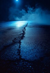 Poster - Background scene of empty stage show. Dark street reflection on wet asphalt. Neon light rays in the dark, neon figures, smoke. Abstract dark background.