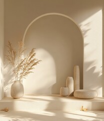 Poster - This 3D rendering shows a podium stand with a curtain on a brown background as a product display stand.