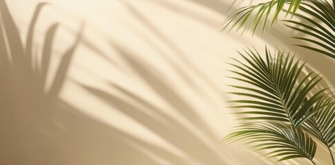Poster - Abstract background for presenting cosmetic products. A premium podium with shadows of tropical palm leaves on a beige background. Display case. Banner.