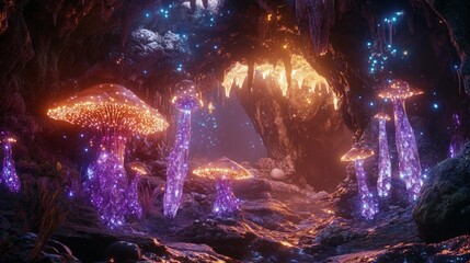 Wall Mural - Glowing mushrooms and crystal stalactites in a shadowy fantasy cavern, magical, otherworldly atmosphere, ethereal light