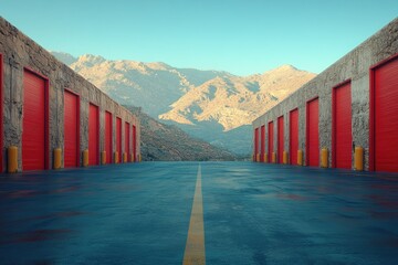 Poster - Red Garage Doors Leading to a Mountainous Landscape