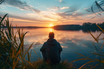 Wall Mural - A man sits on the shore of a lake, watching the sun set, generative ai image