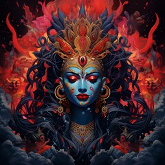 Wall Mural - A vibrant depiction of a goddess with intricate details and a dramatic background.